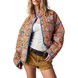 Women’s Orange Cropped Puffer Jacket Floral Printed Quilted Lightweight Coat